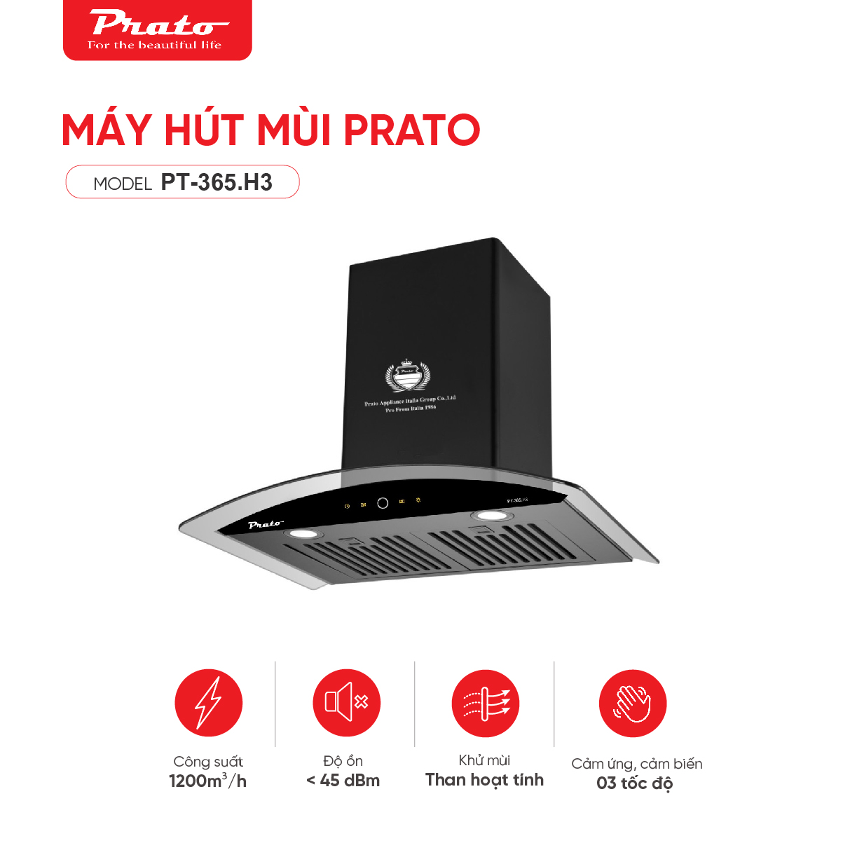 Máy hút mùi Prato kính cong Model PT-365.H3